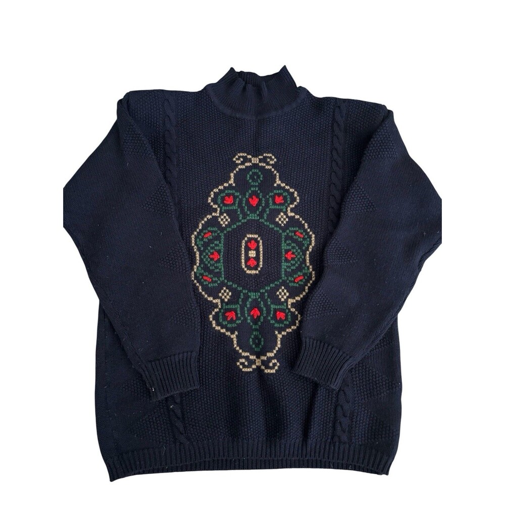 Vtg 80s Liz Claiborne Navy Merino Wool Tyrolean Cross Stitch Film Art Sweater SP
